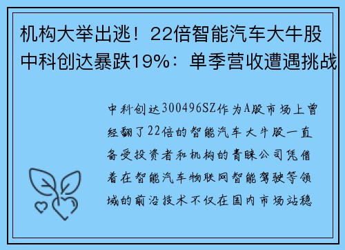 机构大举出逃！22倍智能汽车大牛股中科创达暴跌19%：单季营收遭遇挑战